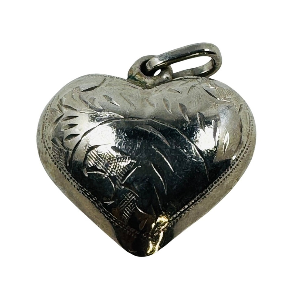 Vintage Sterling Silver 925 Engraved Puffed Heart Pendant Charm Floral Etched